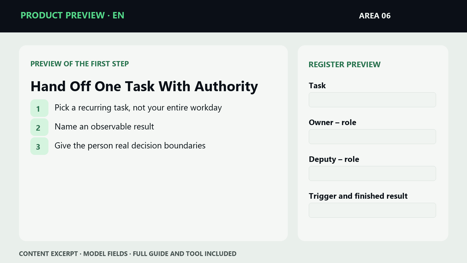 Sample steps and fields from EN · Hand Off One Task With Authority | Microproduct