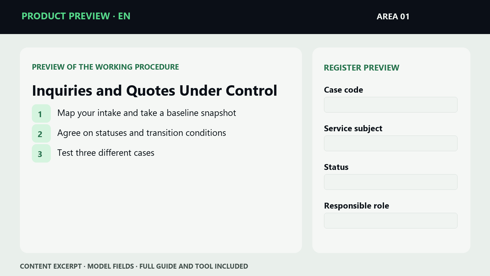 Sample steps and fields from EN · Inquiries and Quotes Under Control | Working Kit