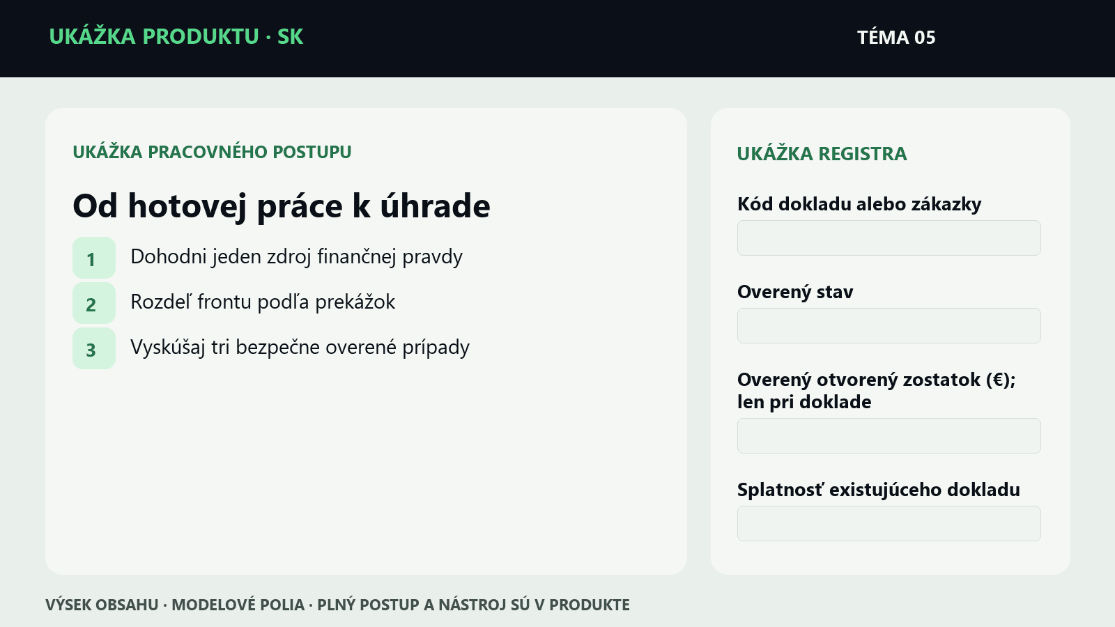 Ukážka krokov a polí z témy Od hotovej práce k úhrade | Pracovný balík