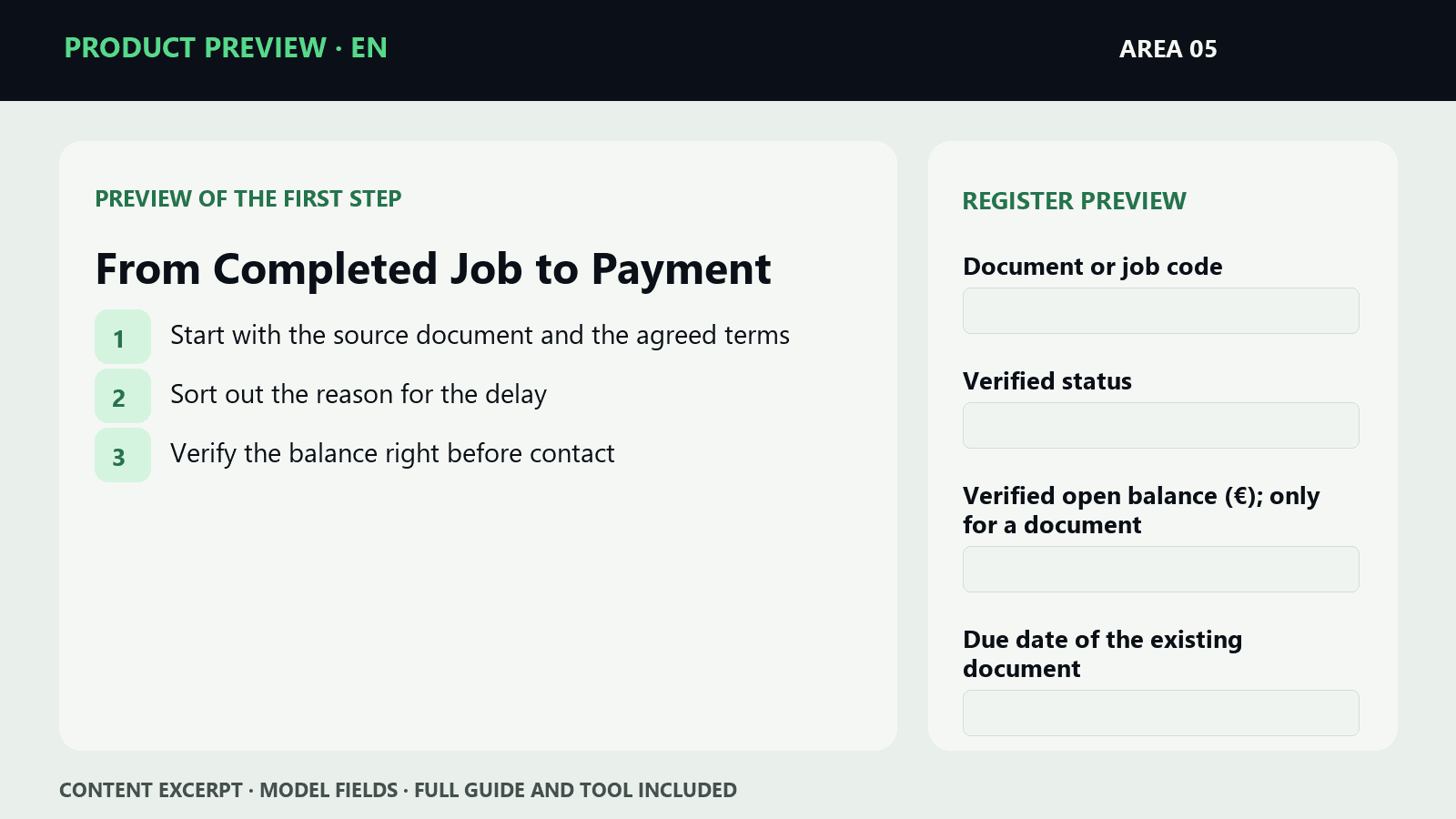 Sample steps and fields from EN · From Completed Job to Payment | Microproduct