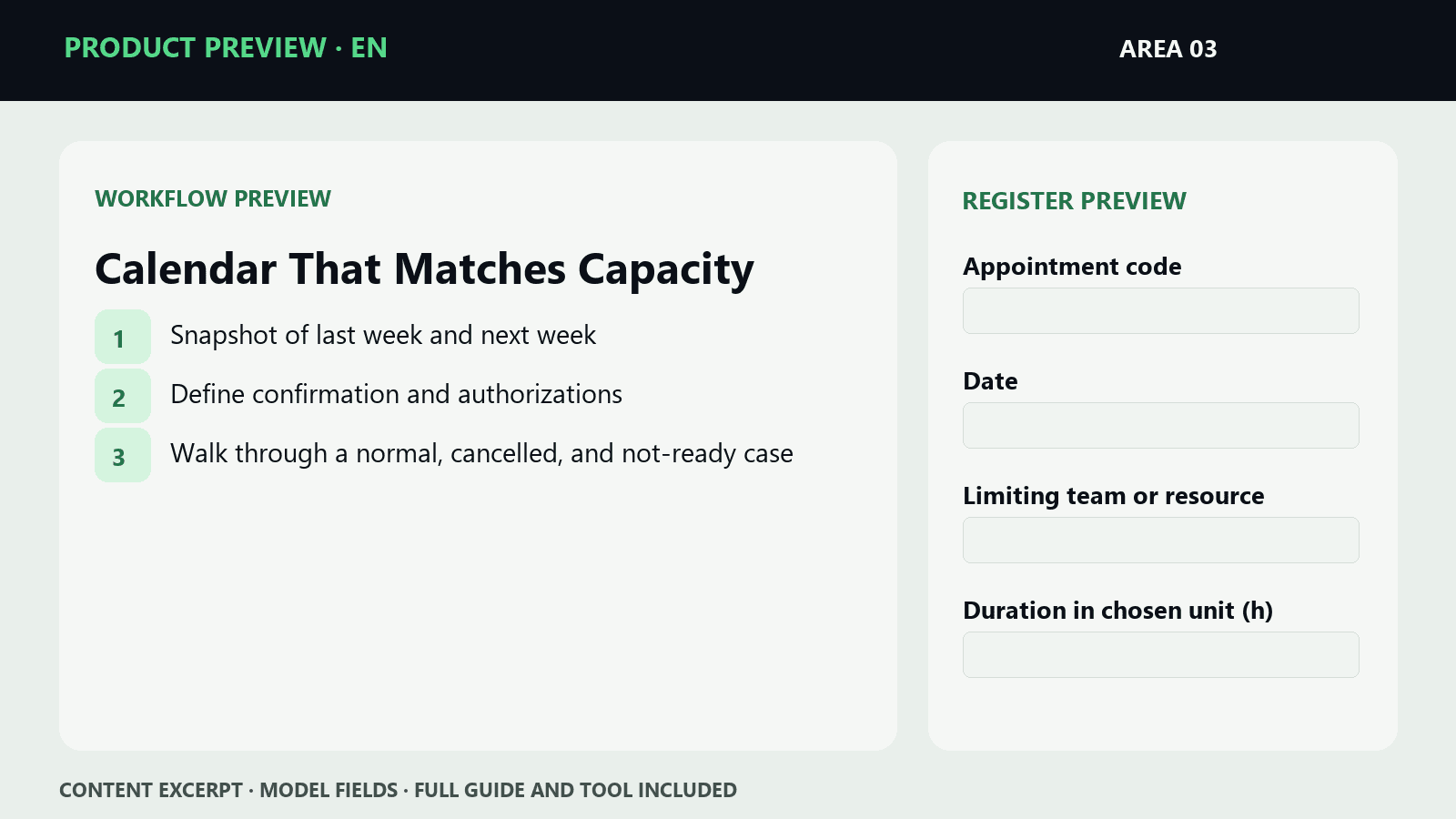 Sample steps and fields from EN · Calendar That Matches Capacity | Working Kit