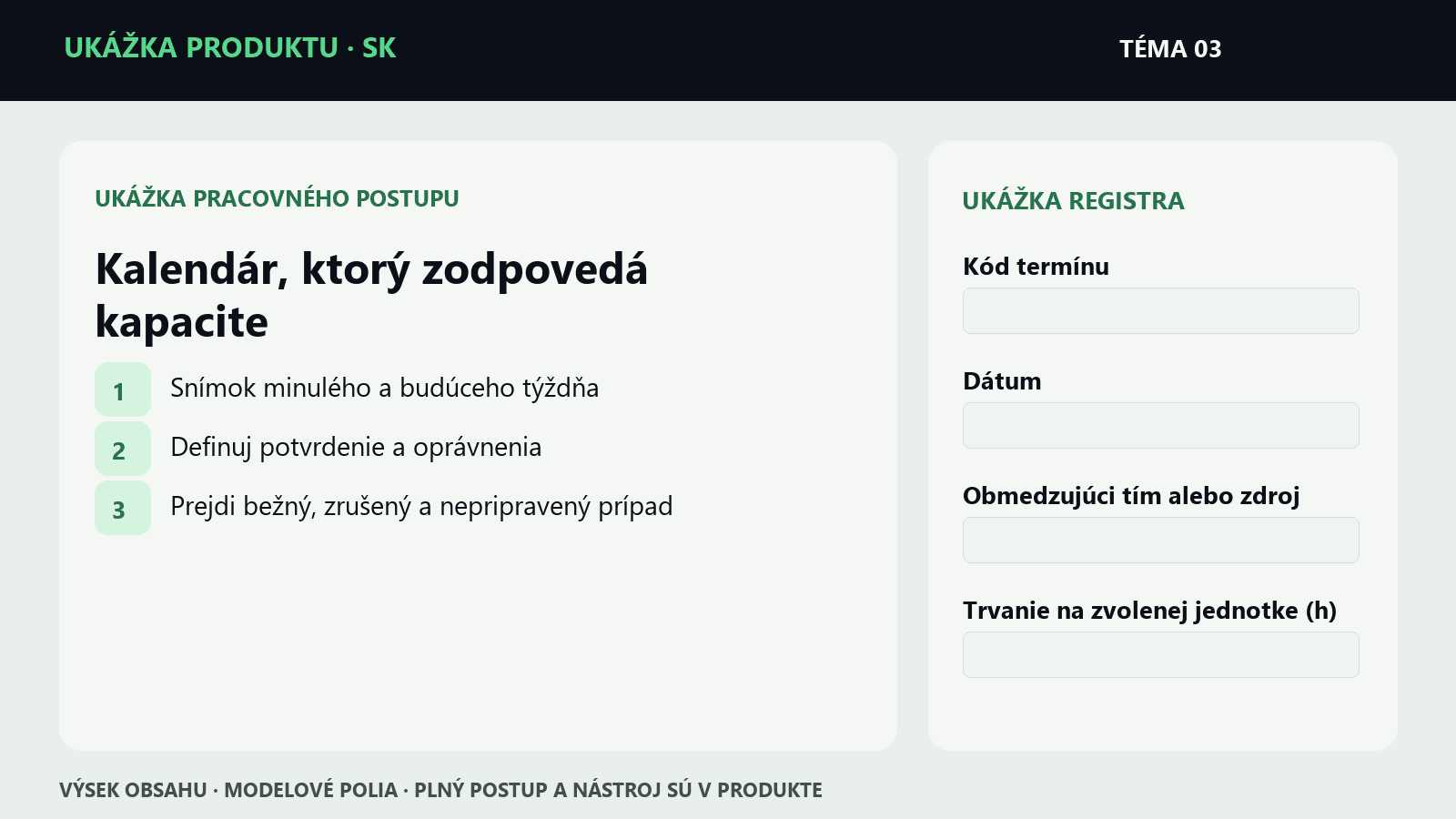 Ukážka krokov a polí z témy Kalendár, ktorý zodpovedá kapacite | Pracovný balík