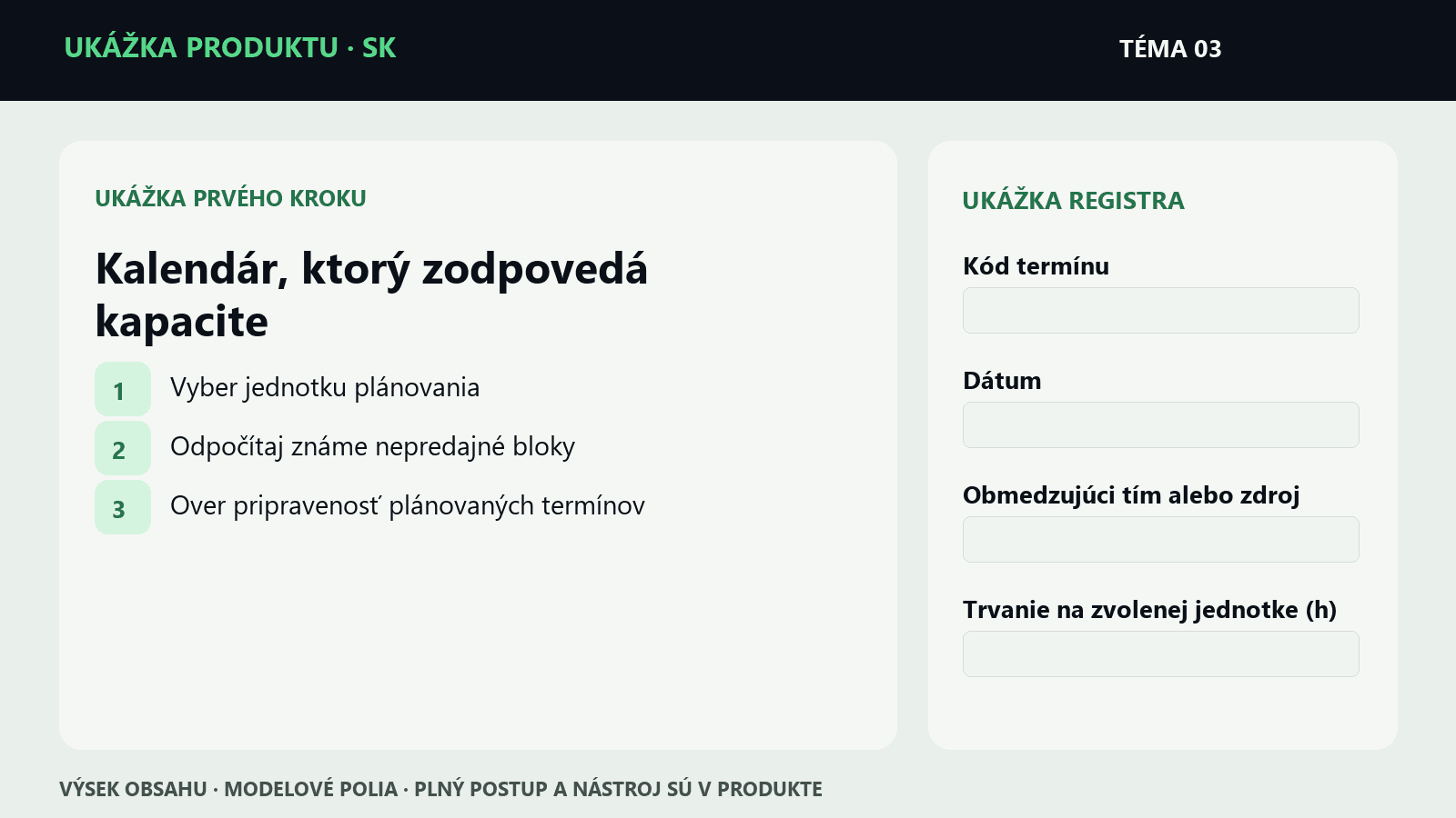 Ukážka krokov a polí z témy Kalendár, ktorý zodpovedá kapacite | Mikroprodukt