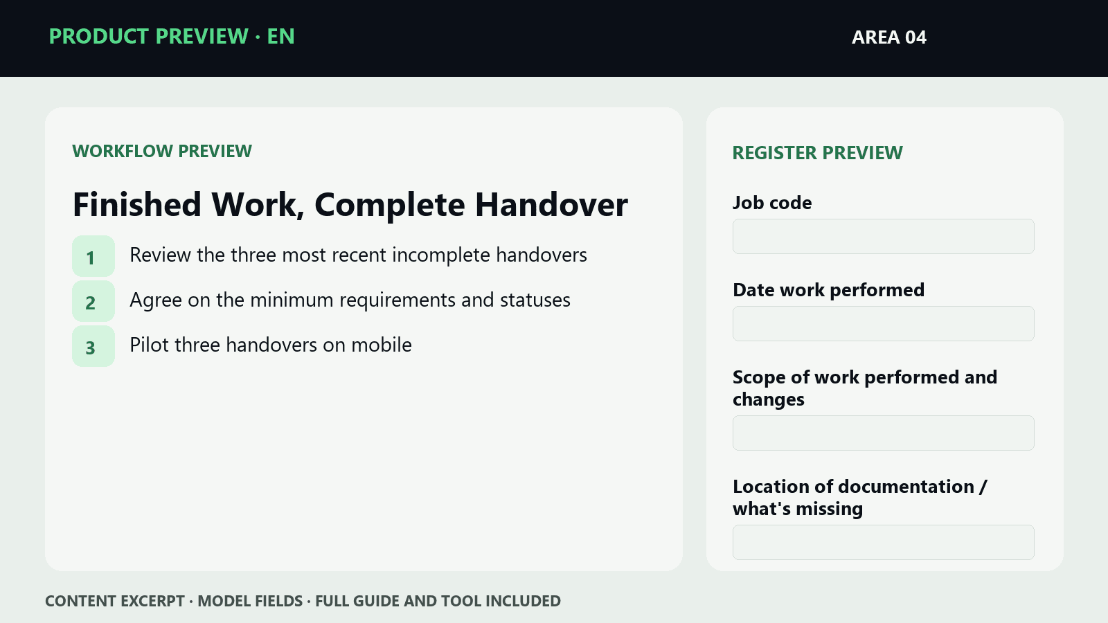Sample steps and fields from EN · Finished Work, Complete Handover | Working Kit