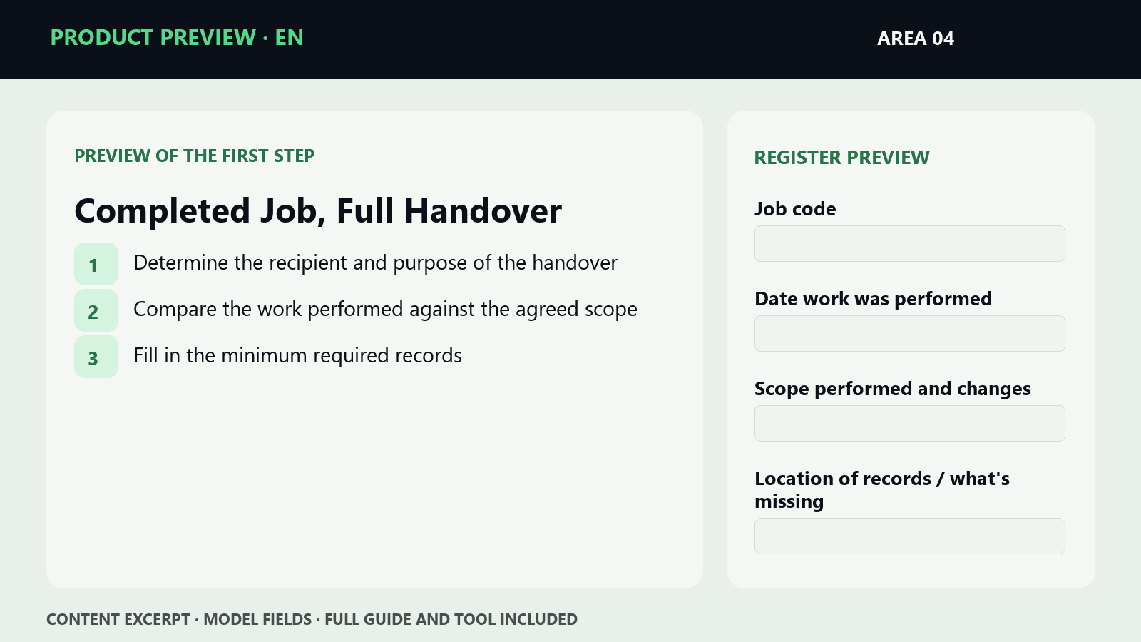 Sample steps and fields from EN · Completed Job, Full Handover | Microproduct