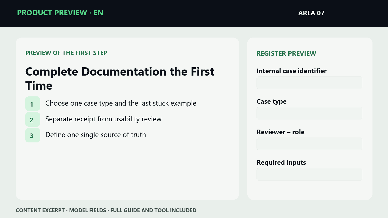 Sample steps and fields from EN · Complete Documentation the First Time | Microproduct