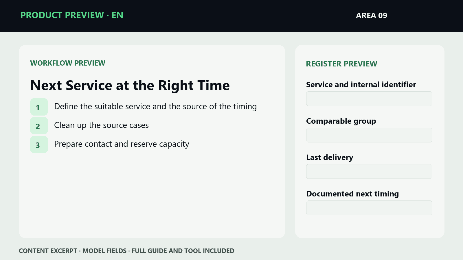 Sample steps and fields from EN · Next Service at the Right Time | Working Kit