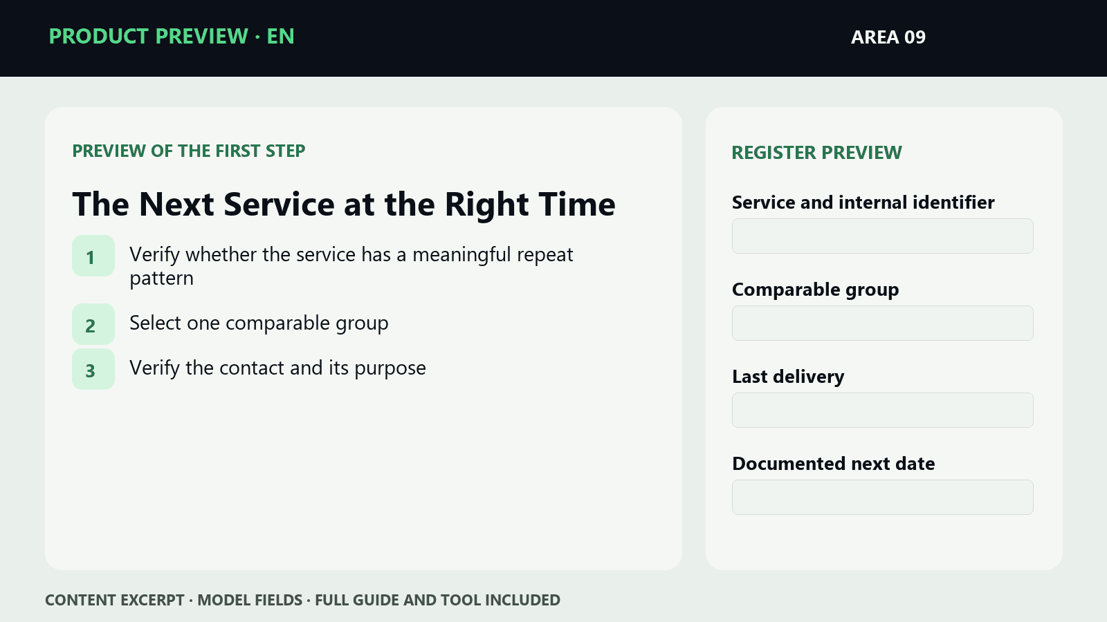 Sample steps and fields from EN · The Next Service at the Right Time | Microproduct