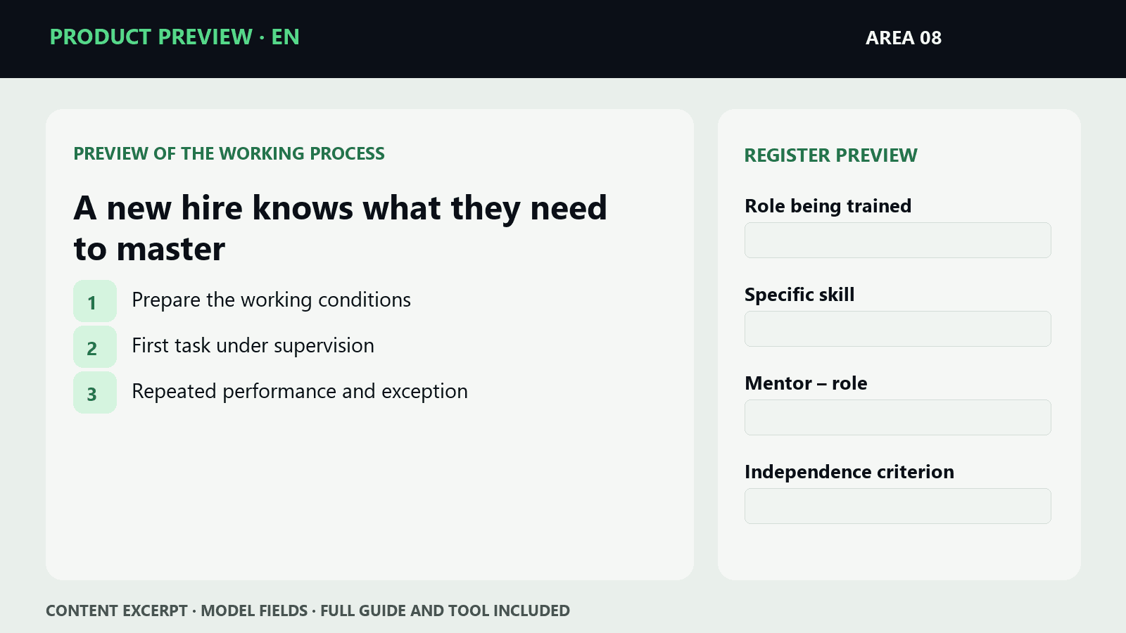 Sample steps and fields from EN · A new hire knows what they need to master | Working Kit