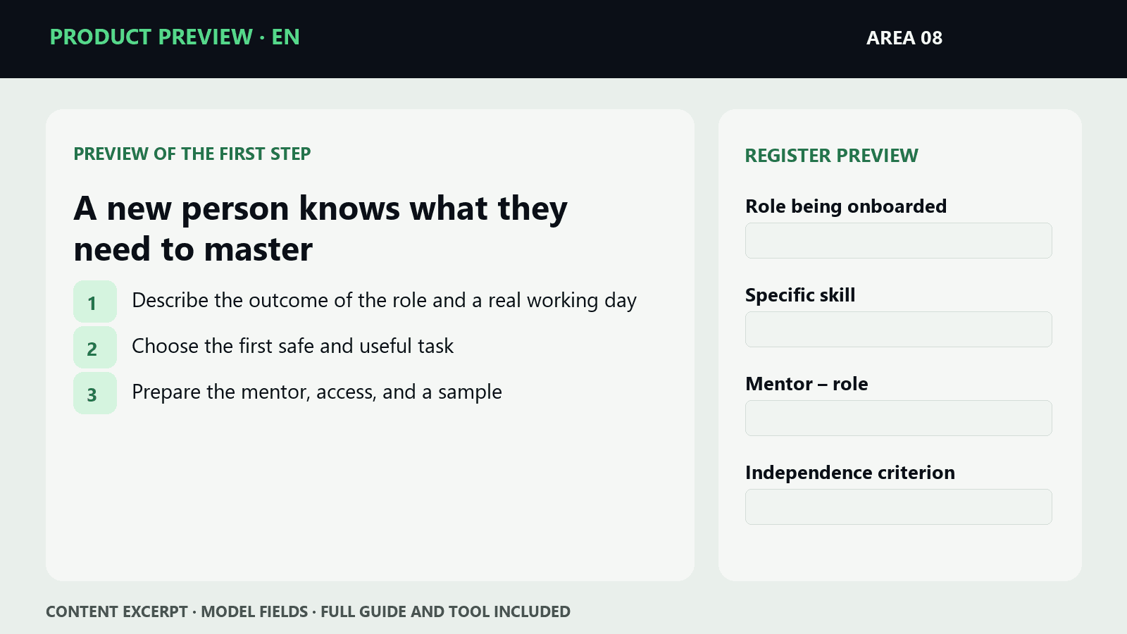 Sample steps and fields from EN · A new person knows what they need to master | Microproduct